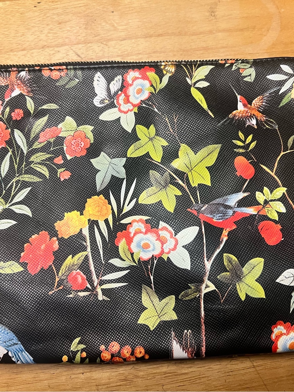 Floral Bird Print Black Zip Pouch